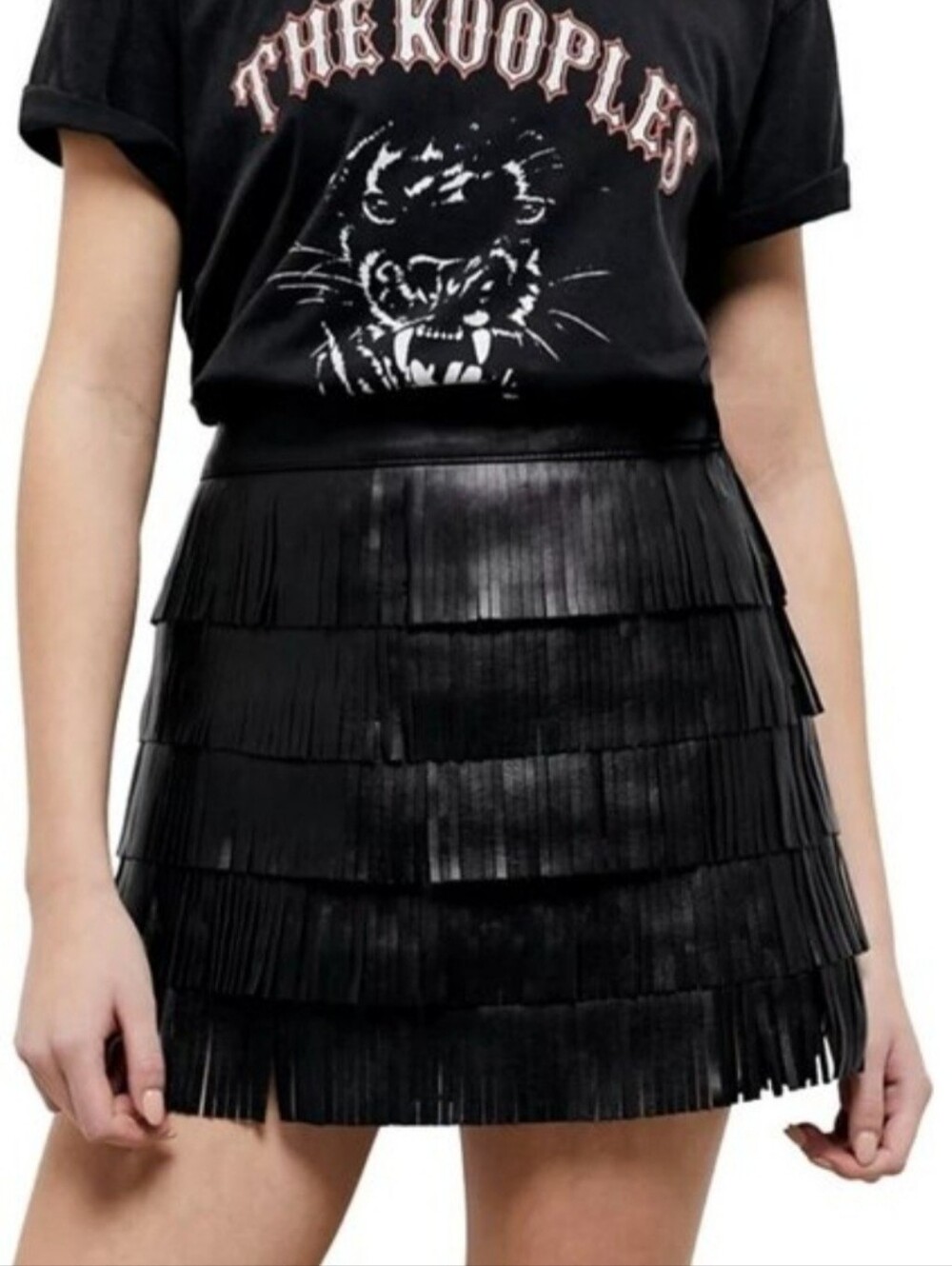 THE KOOPLES - Leather Fringe Mini Skirt in Black - NWT Size 3/L